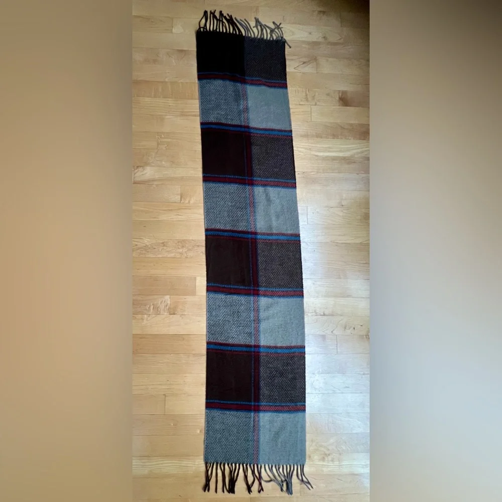 🐑Woodward Plaid Cashmere Wool Fringed Scarf | Taupe Brown Blue + Red
